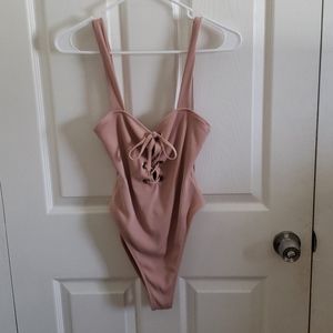 Nude Lace Up One Piece Bodysuit